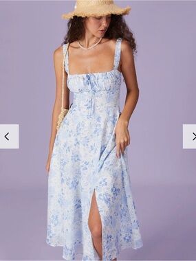 Light Blue Floral Midi Dress with Square Neck